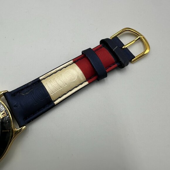 Vintage Tommy Hilifiger Watch Men Black Dial Striped Leather Band Y2K Works 9" - Picture 4 of 12